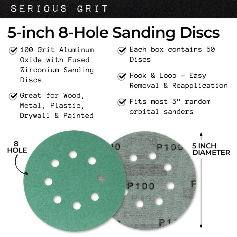 Serious Grit Sanding Discs 5 Inch 8 Hole 100 Grit - Heavy-Duty Hook & Loop Wet Dry Film Sandpaper Discs - Fine Grit Sand Paper for Random Orbital Sanders - Wood, Automotive, Metal, etc - 50 Pack Box - Image 2